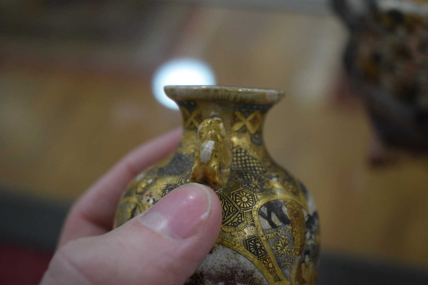 A pair of satsuma vases of squared baluster form, each decorated with traditional figures at - Image 25 of 44