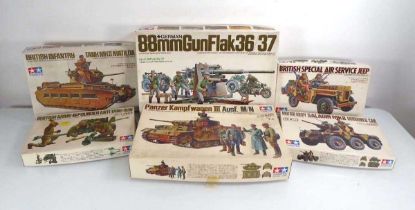 Six Tamiya 1:35 scale plastic military kits including: British Army Saladin MkII armoured car,