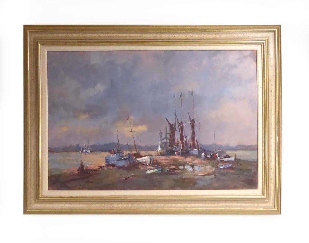 William Davies (b. 1928), 'Thames Barges and Boats, Pin Mill' signed, oil on canvas, 49 x 75 cm