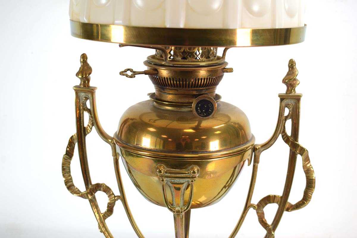 A Victorian brass oil lamp by Hinks & Son with an opaline glass shade, h. 65 cm - Image 2 of 2