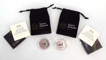 Two Harrington & Byrne South African Mint one ounce silver krugerrands (2)