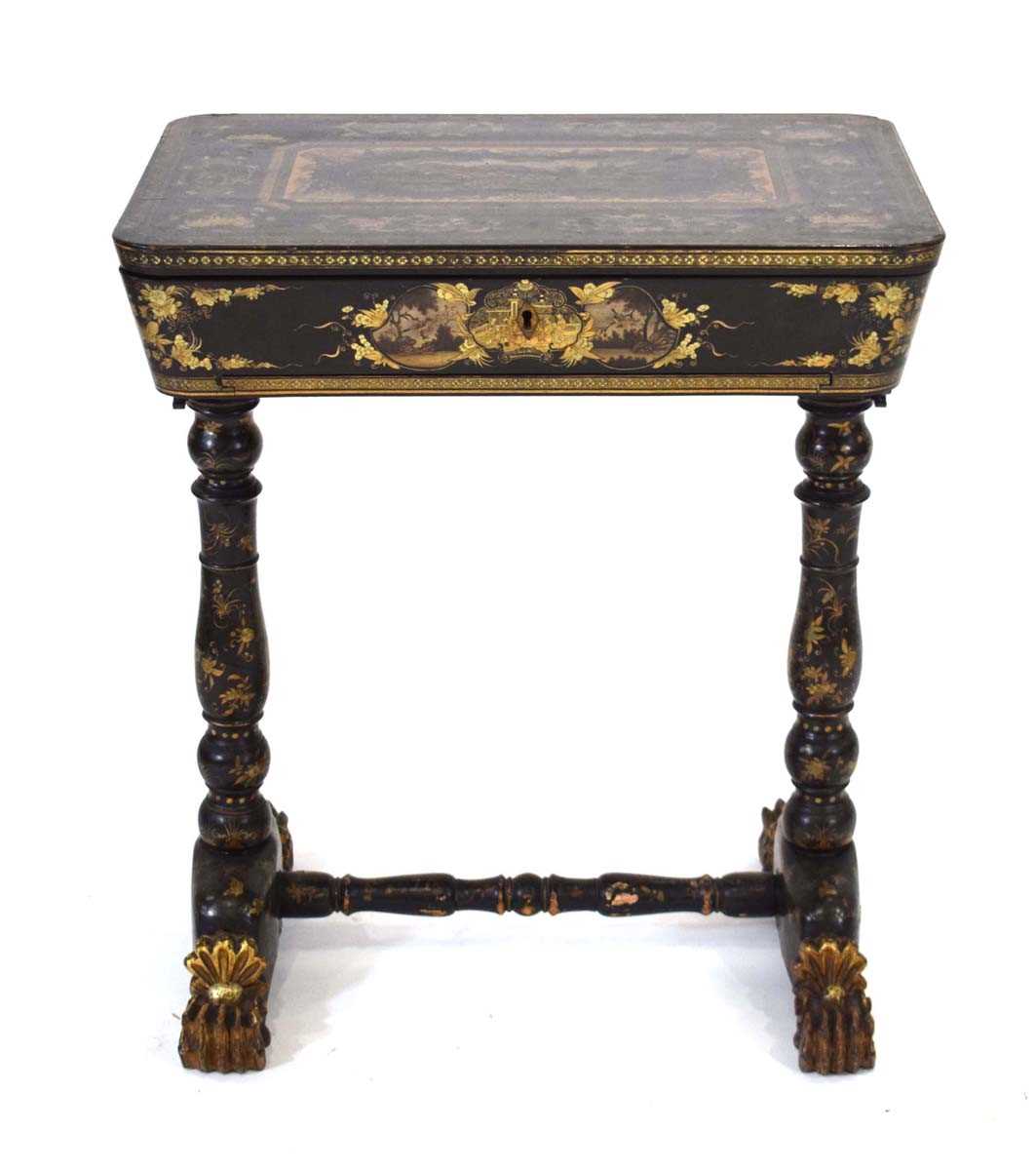 A mid-19th century black lacquered and gilt sewing table intricately decorated in the chinoiserie - Image 7 of 14