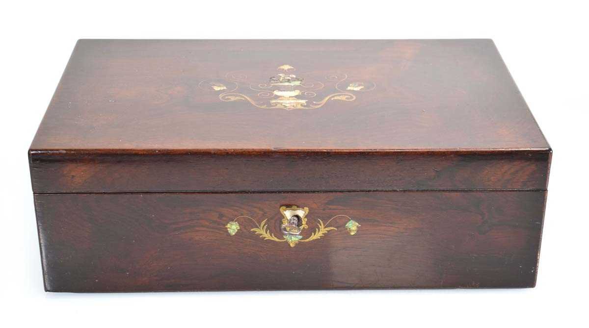 A Victorian rosewood writing slope inlaid with brass and mother-of-pearl, 40 x 24 x 13 cm