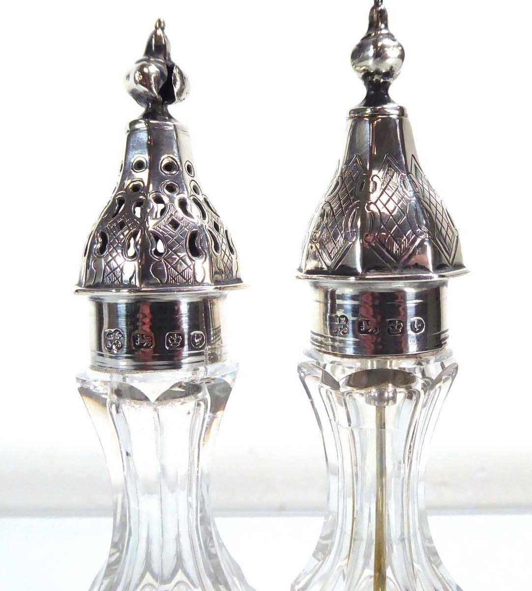 A pair of Victorian silver mounted cruet bottles, hallmarks indistinct, h. 17 cm (2) Splits and - Image 2 of 2