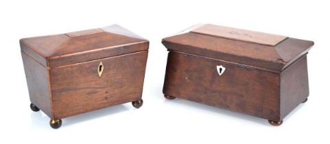 A 19th century rosewood and satinwood strung tea caddy of sarcophagus form, on bun feet, 19 x 12 x