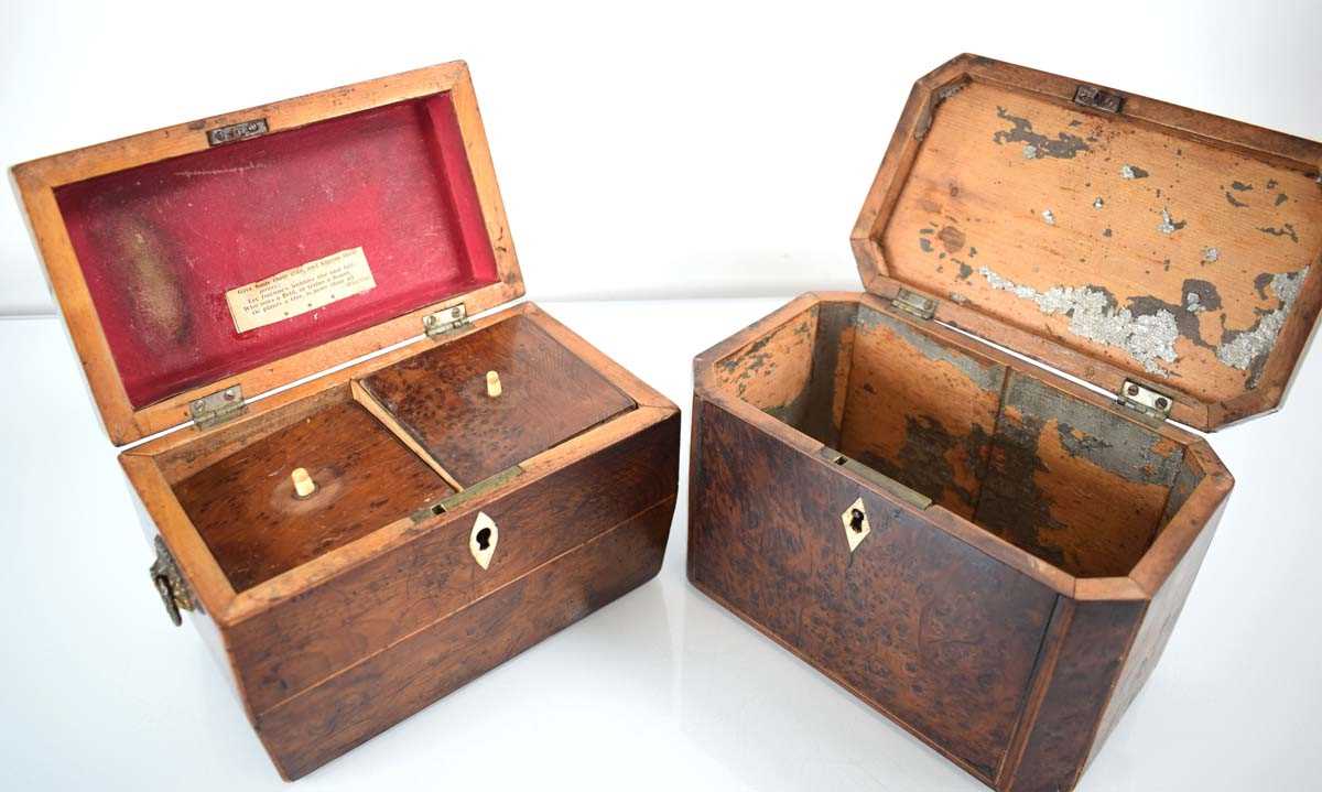 A 19th century burr amboyna and strung tea caddy of rectangular form, w. 18.5 cm, together with a - Image 2 of 2