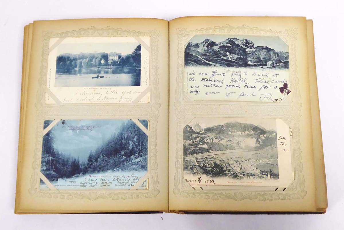 Large leatherbound album containing array of worldwide postcards primarily from 1899-1902, with some - Image 3 of 18