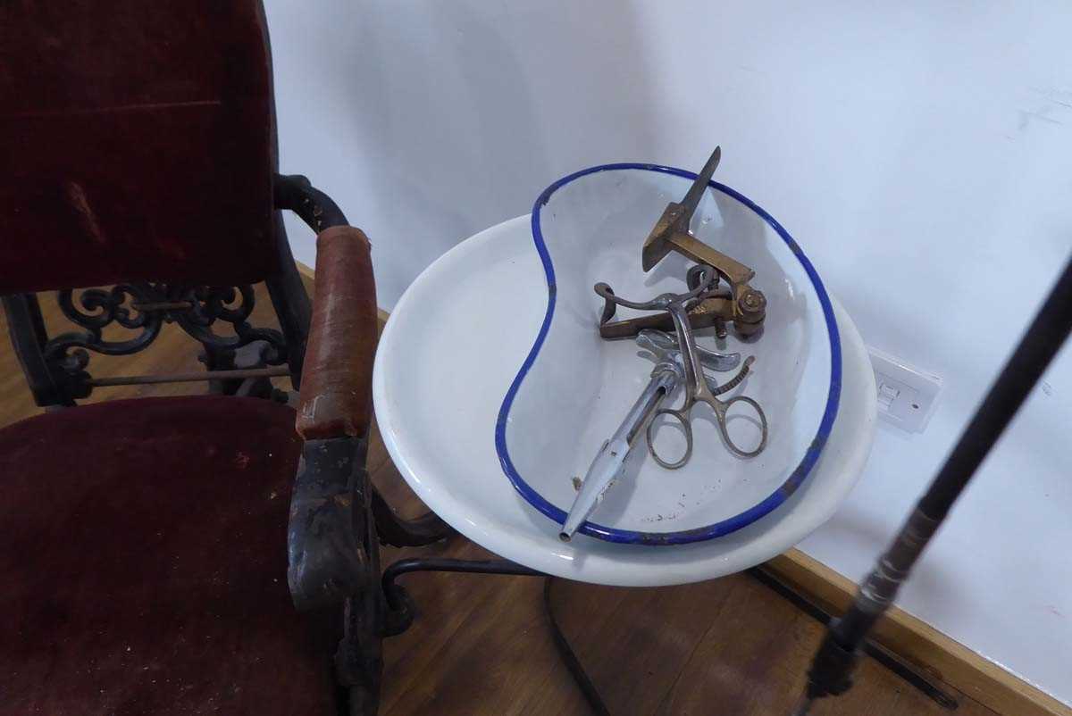 A 19th century cast metal reclining dentists' chair, a WDM Co. pedal operated drill and a rinsing - Image 8 of 14