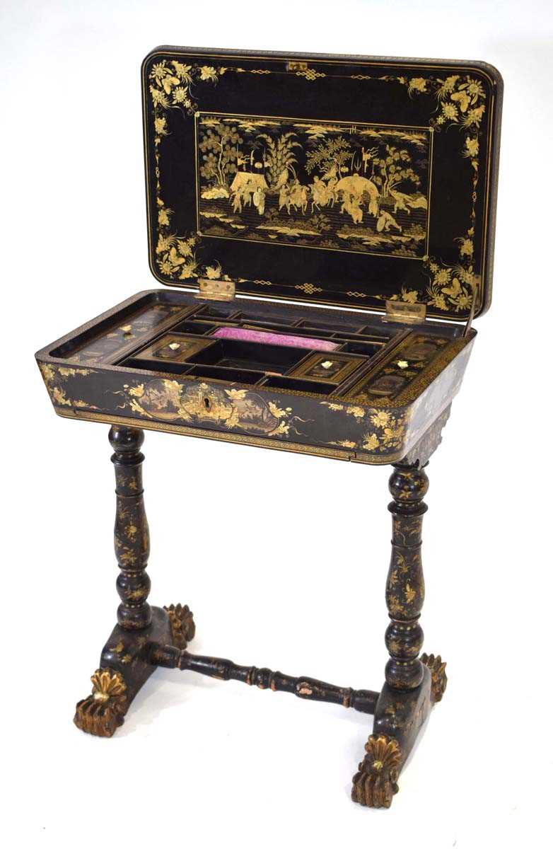 A mid-19th century black lacquered and gilt sewing table intricately decorated in the chinoiserie - Image 2 of 14