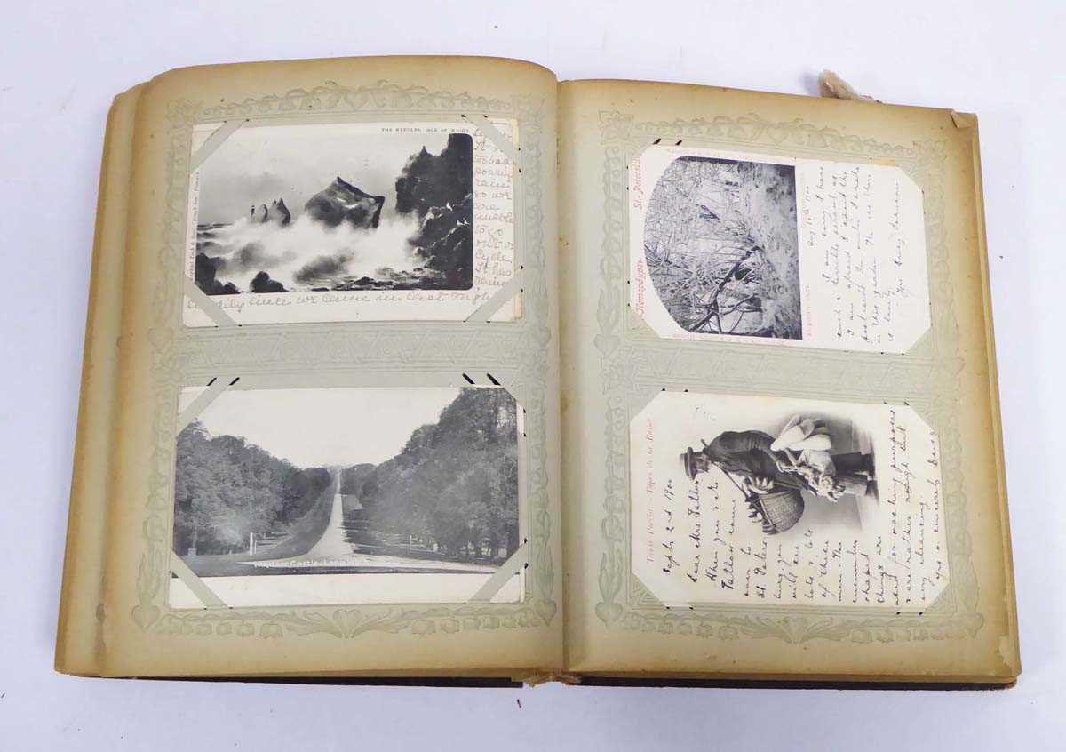 Large leatherbound album containing array of worldwide postcards primarily from 1899-1902, with some - Image 5 of 18