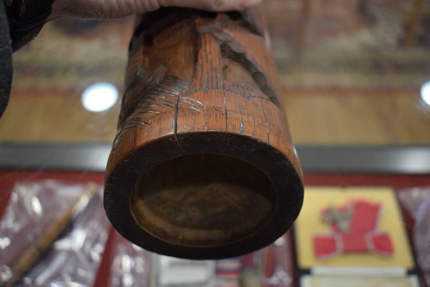 A pair of Chinese Export carved bamboo brush pots, h. 30.5 cm These are uncarved to the backs. There - Image 2 of 4