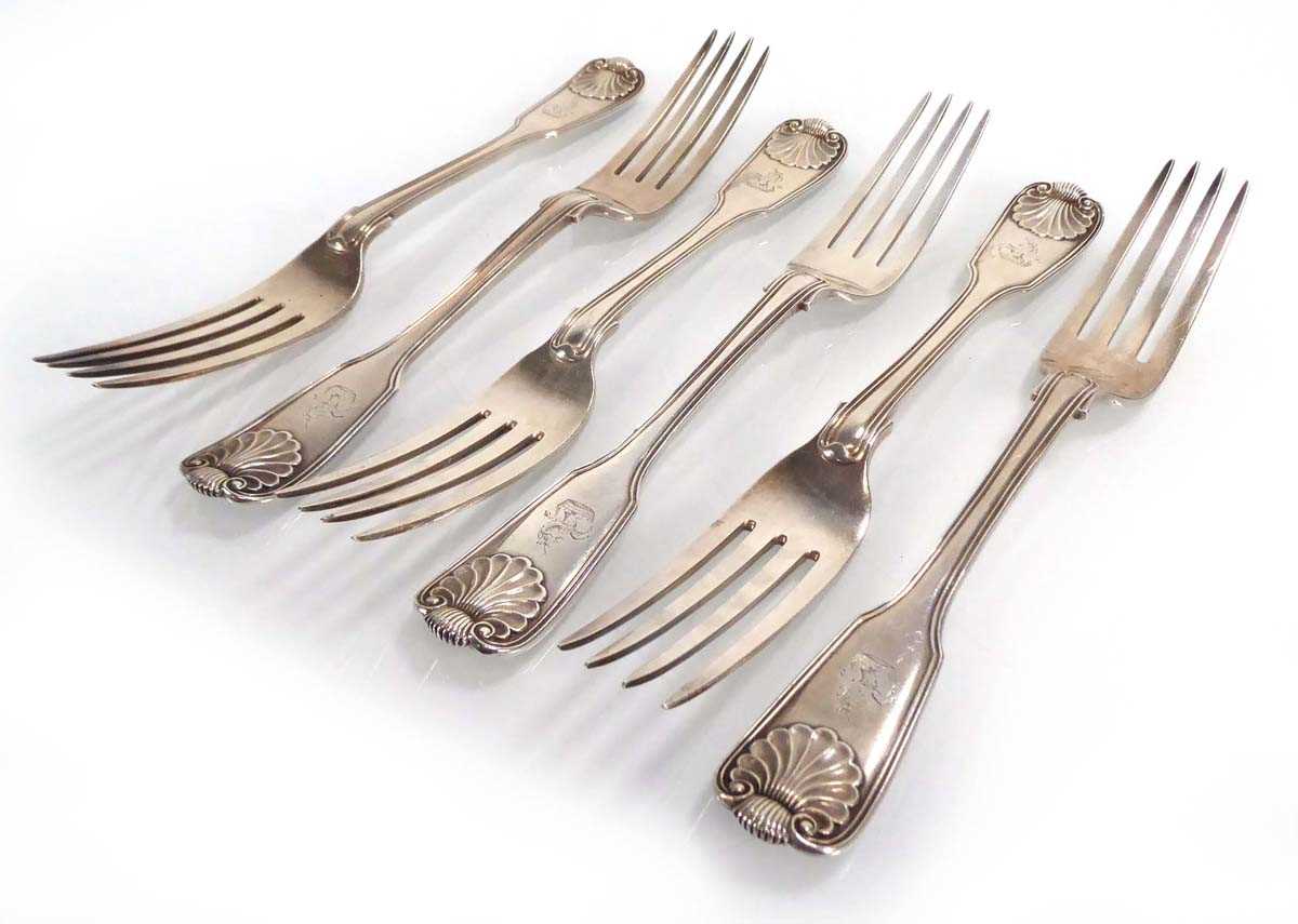 A set of six Victorian silver, fiddle, thread and shell end table forks, maker GA, London 1848, 19.6