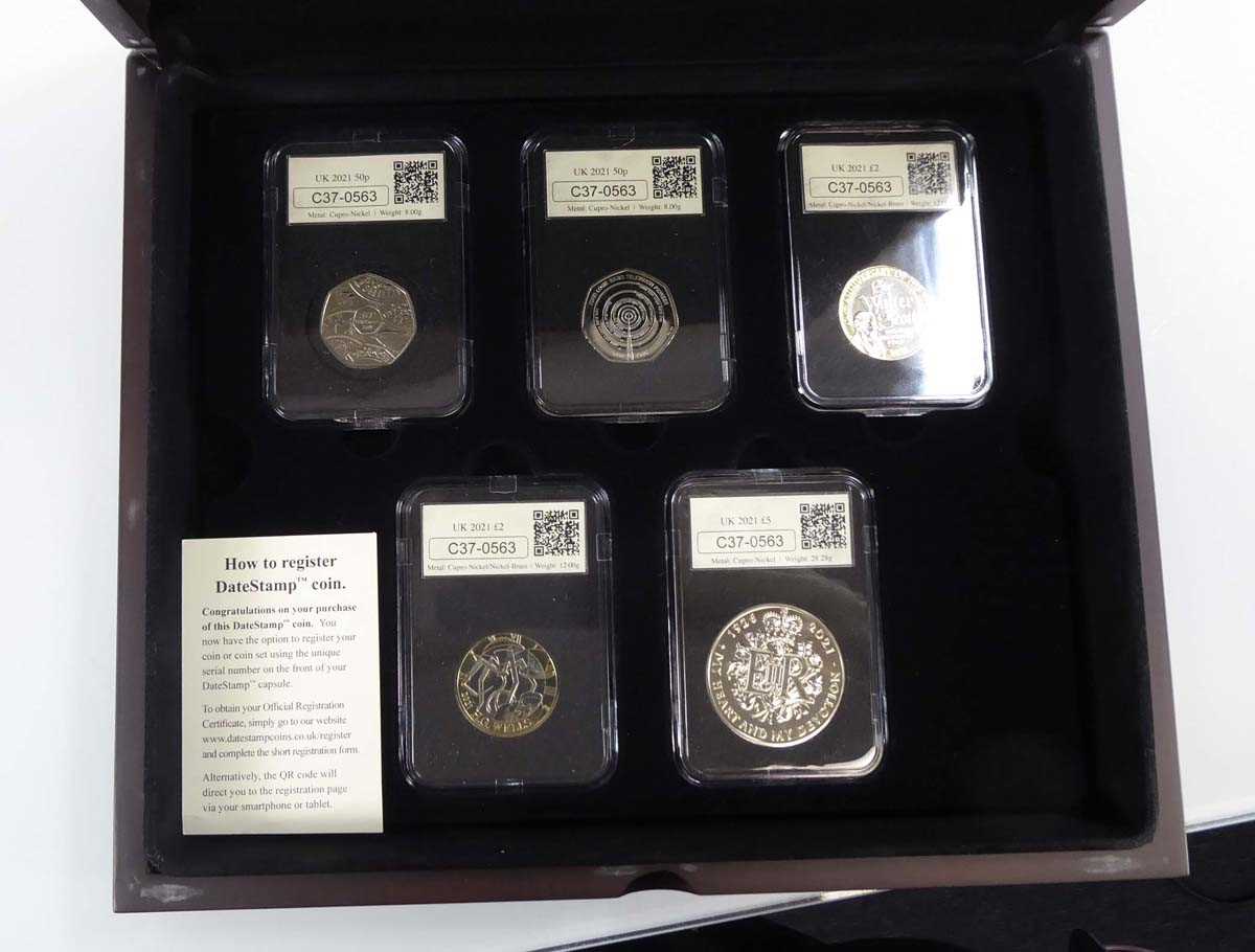 A set of five Datestamp Specimen Year set coins for 2021, a large gilt metal medallion commemorating - Image 3 of 6