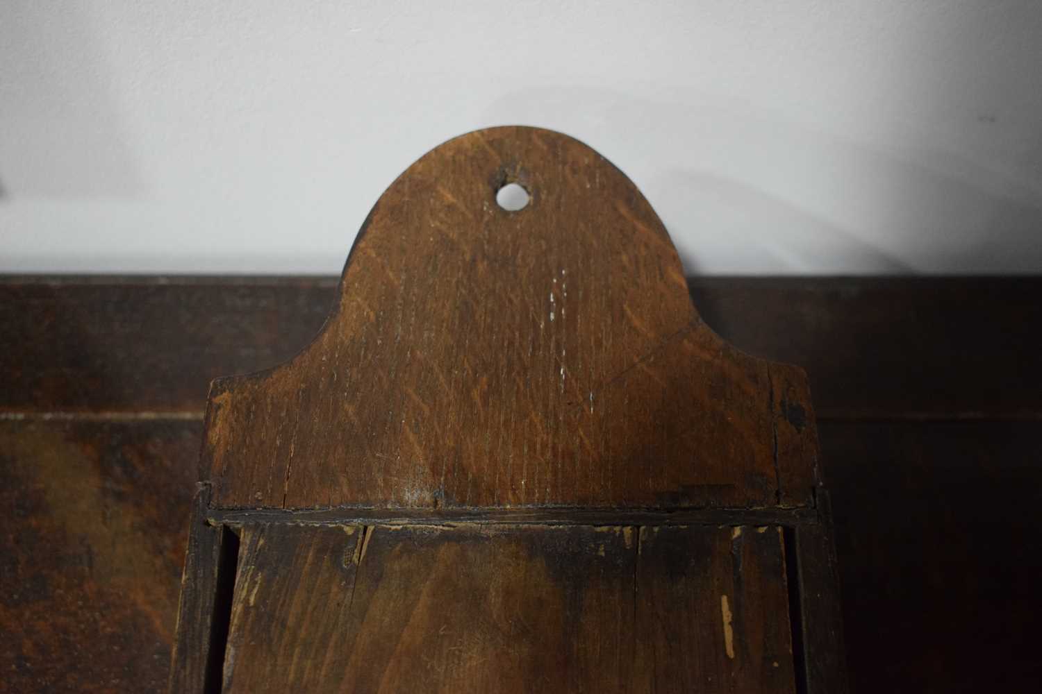 Two Georgian oak wall-mounted candle boxes (2) Backs both loose. Some old worm to both but - Image 4 of 7