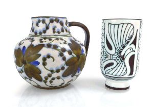 A Royal Gouda 'Phoenix' vase of cylindrical form, h. 14.5 cm, together with a similar water jug (