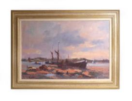William Davies (b. 1928), 'Light on the Mud, Pin Mill' signed, oil on canvas, 49 x 75 cm