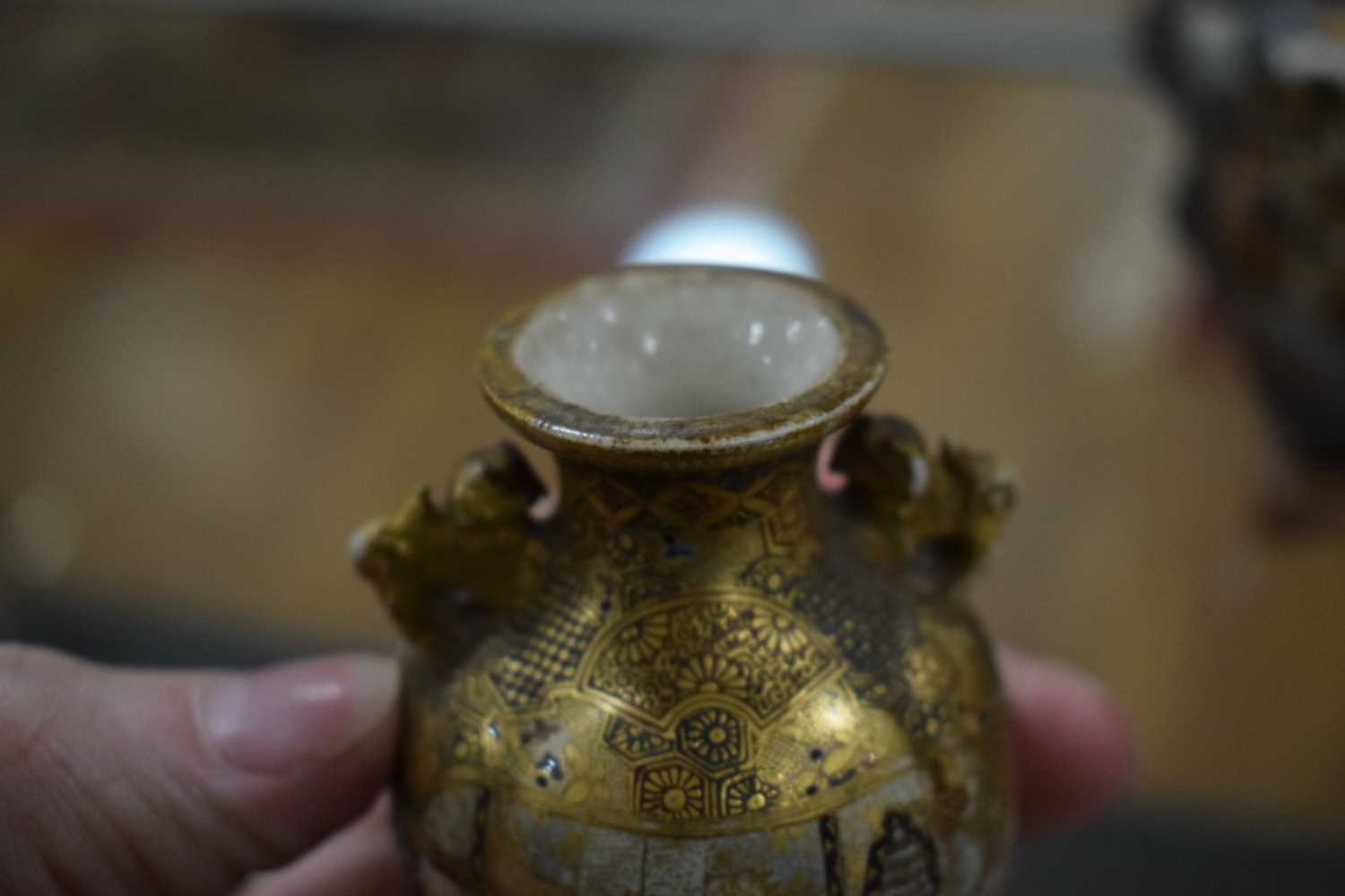 A pair of satsuma vases of squared baluster form, each decorated with traditional figures at - Image 33 of 44