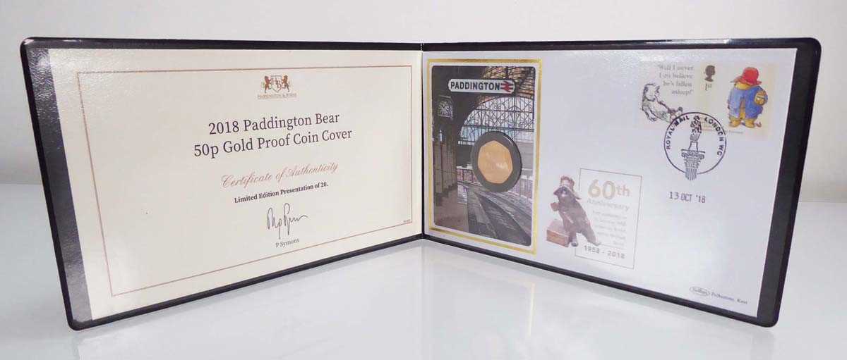 A Harrington & Byrne first day coin cover commemorating Paddington Bear containing a gold 50p coin