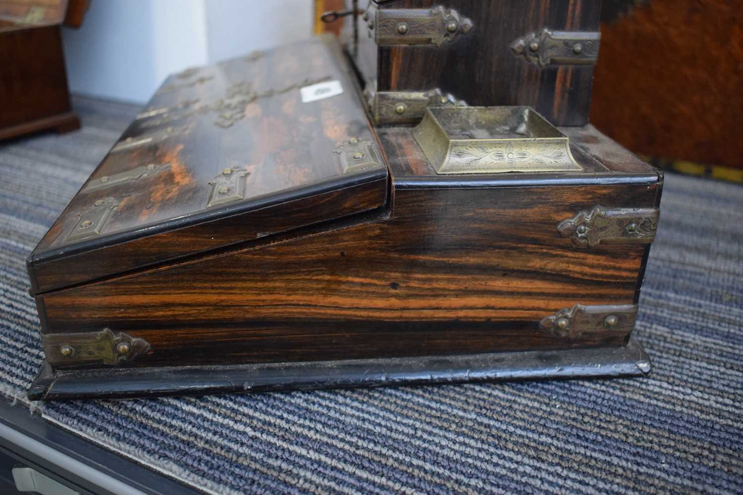 A 19th century coromandel and brass mounted desk tidy/writing slope, 37 x 26 x 24 cm Lacking - Image 13 of 18