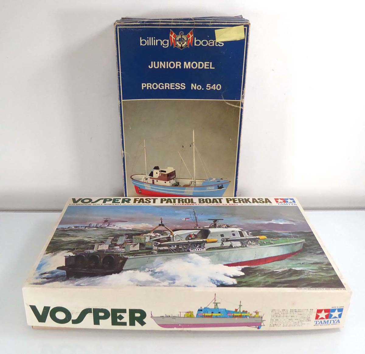 A Tamiya 1:72 scale Vosper fast patrol boat kit and a Billing Boats540 junior model boat, both boxed