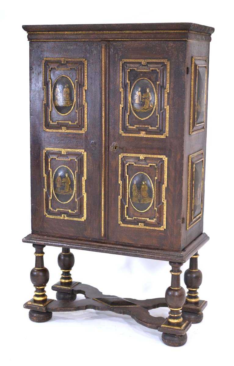 A chest-on-stand in the 17th century manner incorporating later elements, the pair of doors with - Image 3 of 30