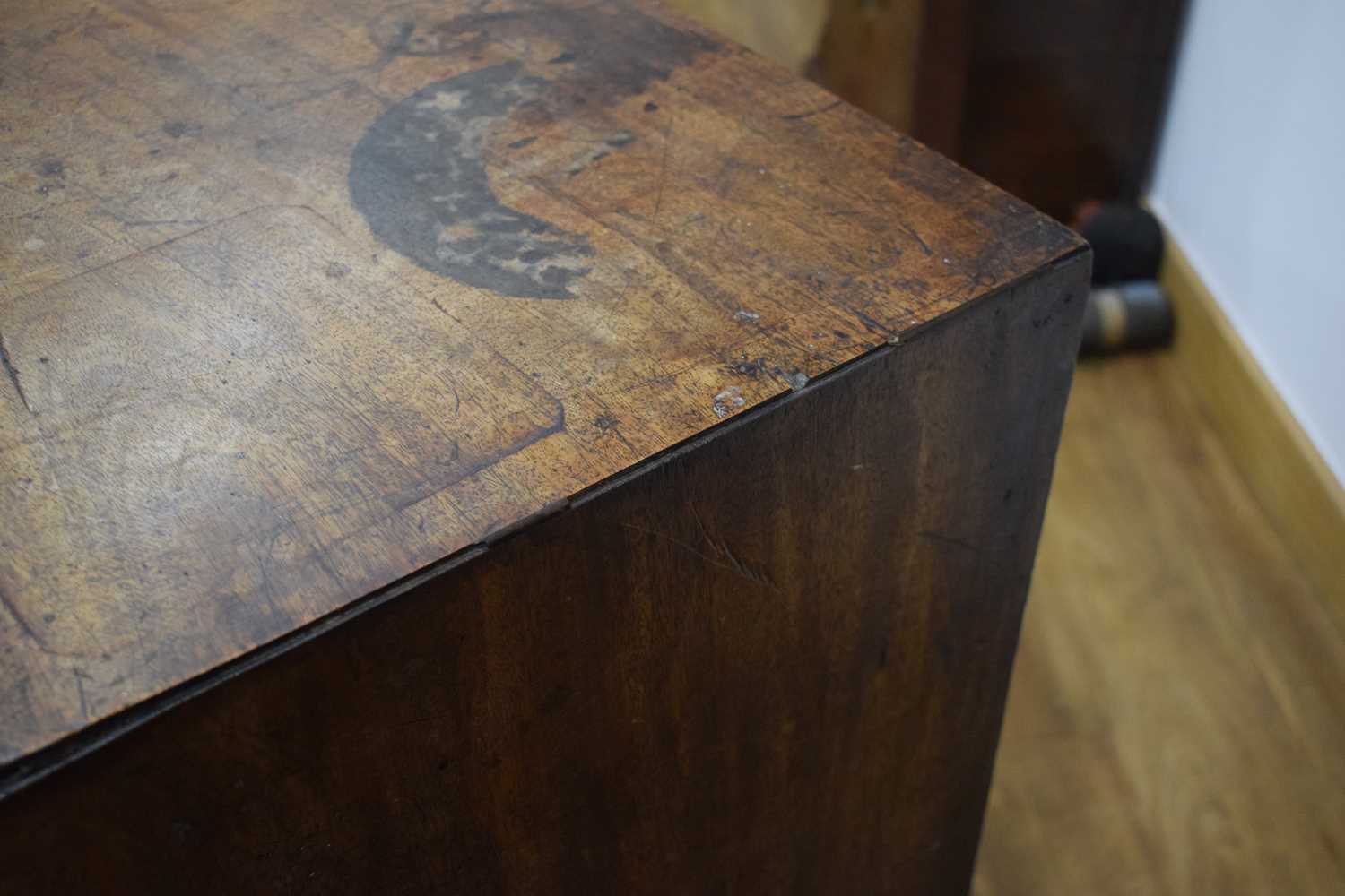 A Georgian mahogany chest of four long graduated drawers, marquetry work to the frieze, on bracket - Image 11 of 13