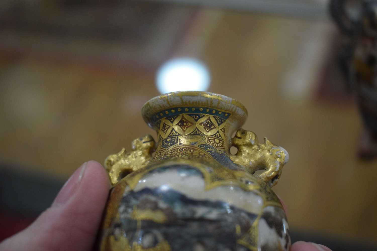 A pair of satsuma vases of squared baluster form, each decorated with traditional figures at - Image 28 of 44