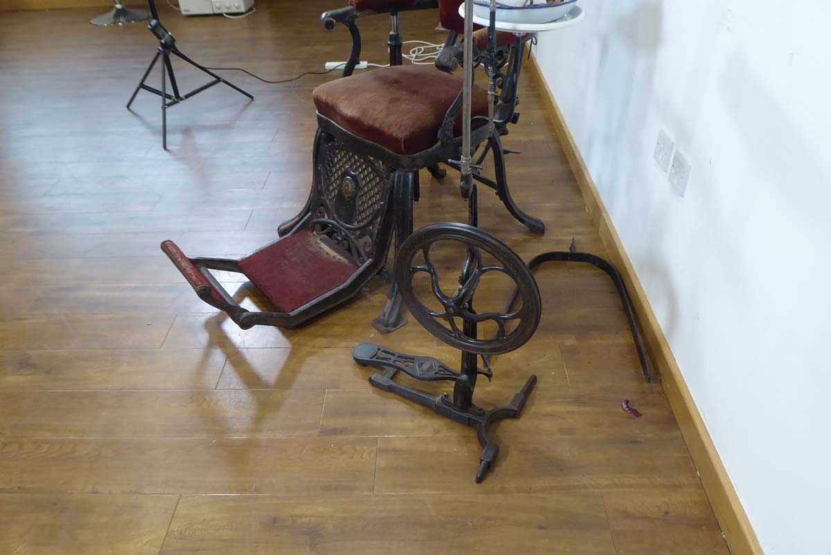 A 19th century cast metal reclining dentists' chair, a WDM Co. pedal operated drill and a rinsing - Image 10 of 14
