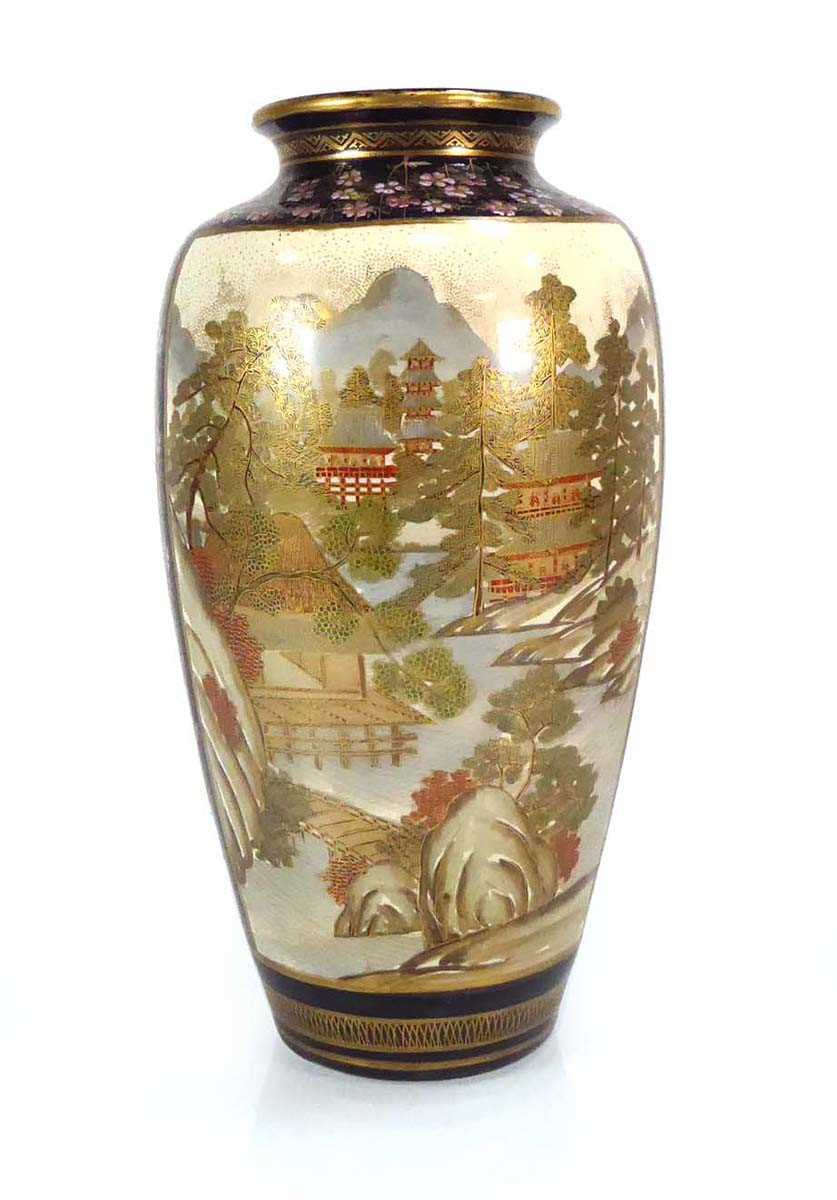 A satsuma vase of slender ovoid form decorated with an extensive landscape and chickens amongst a