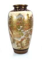 A satsuma vase of slender ovoid form decorated with an extensive landscape and chickens amongst a