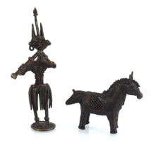 A pair of Indian metalwares figures modelled as a musician, h. 17 cm, and a horse (2)