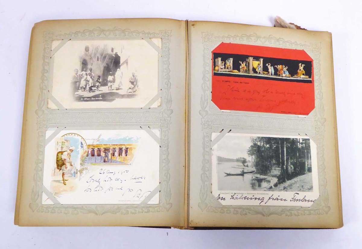 Large leatherbound album containing array of worldwide postcards primarily from 1899-1902, with some - Image 13 of 18