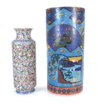 A Japanese cloisonné enamelled ceramic vase of cylindrical form decorated with fan and foliate