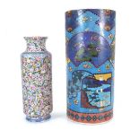 A Japanese cloisonné enamelled ceramic vase of cylindrical form decorated with fan and foliate