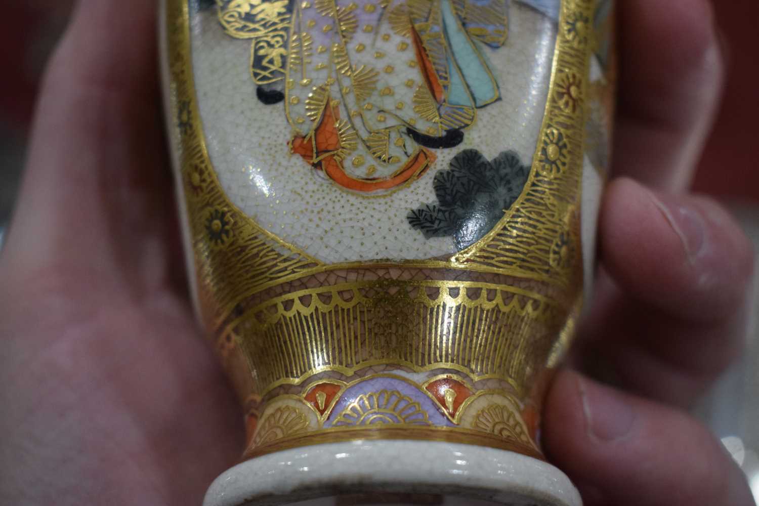 A pair of satsuma vases of squared baluster form, each decorated with traditional figures at - Image 19 of 44