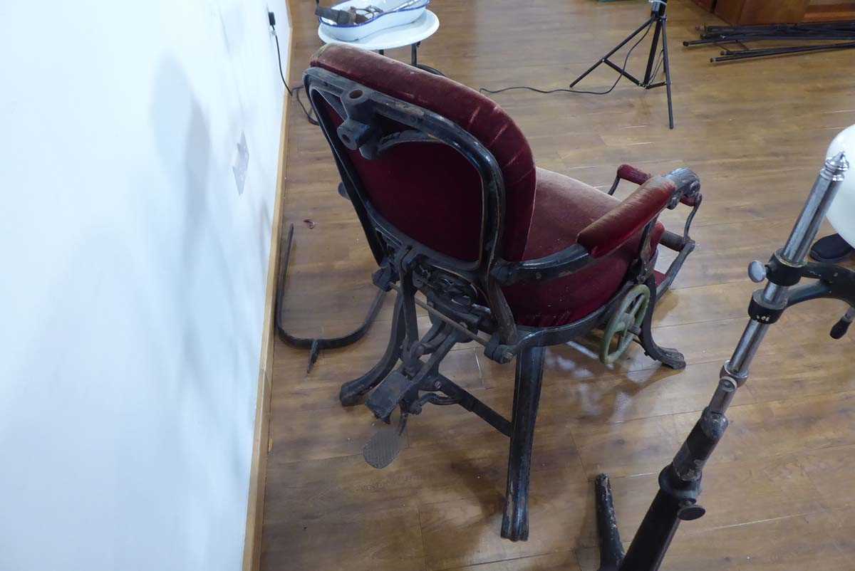 A 19th century cast metal reclining dentists' chair, a WDM Co. pedal operated drill and a rinsing - Image 6 of 14