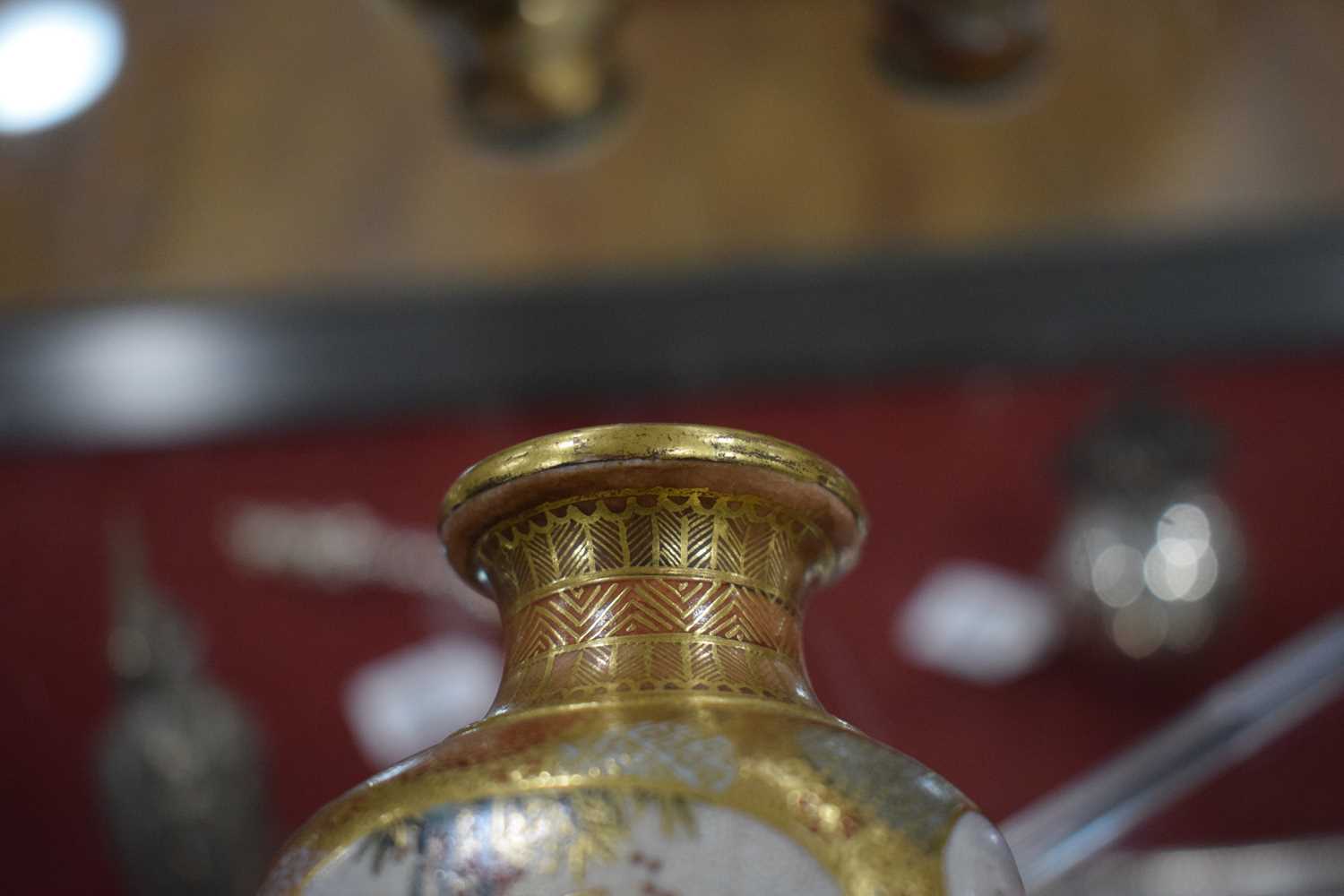 A pair of satsuma vases of squared baluster form, each decorated with traditional figures at - Image 15 of 44