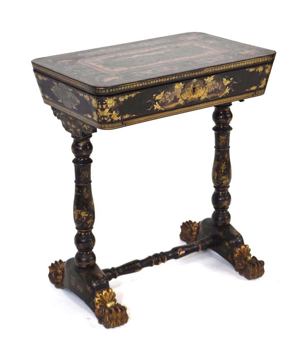 A mid-19th century black lacquered and gilt sewing table intricately decorated in the chinoiserie - Image 8 of 14