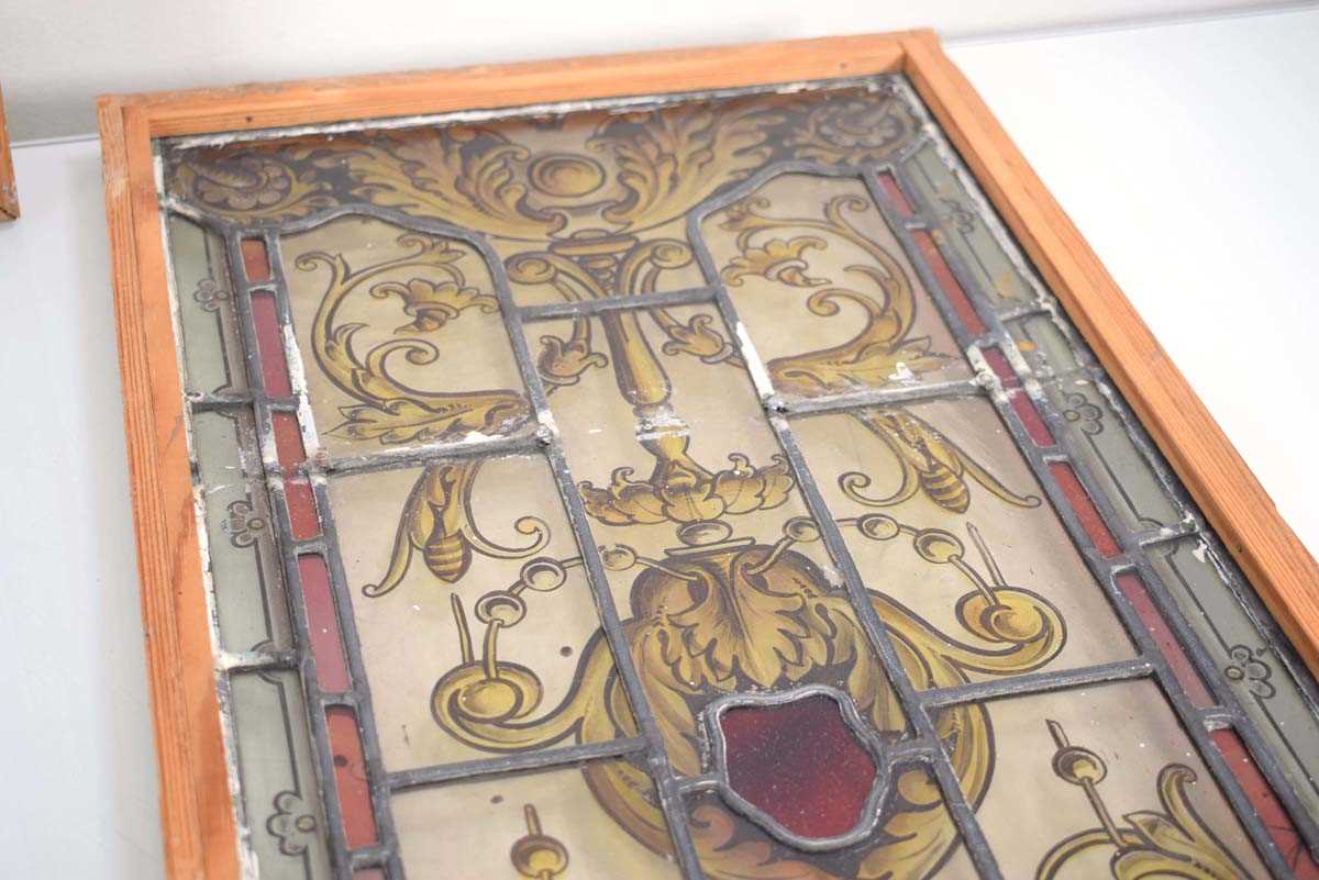 A pair of stained glass and leaded panels in later pine frames, 63 x 31 cm, together with four - Image 10 of 22