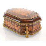 A 19th century Tunbridge ware and kingwood jewellery box of octagonal casket form, with brass