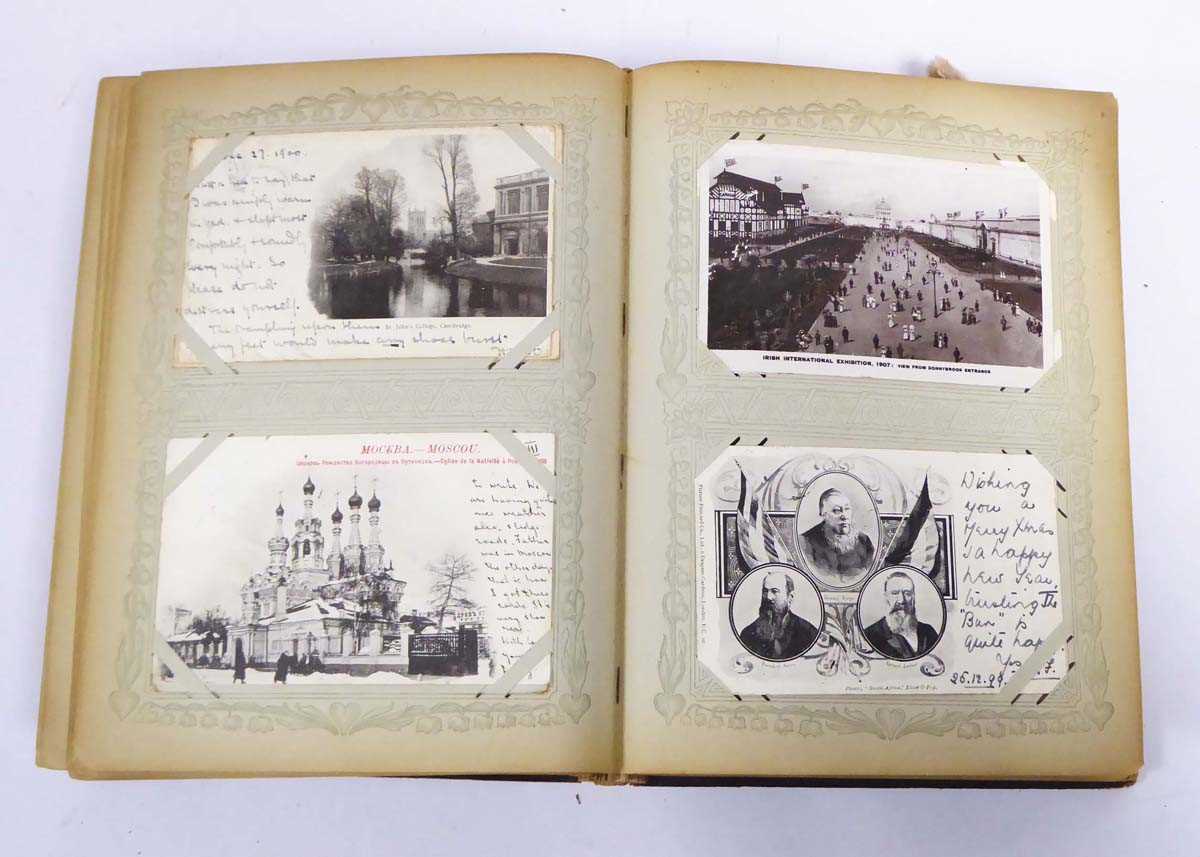 Large leatherbound album containing array of worldwide postcards primarily from 1899-1902, with some - Image 6 of 18