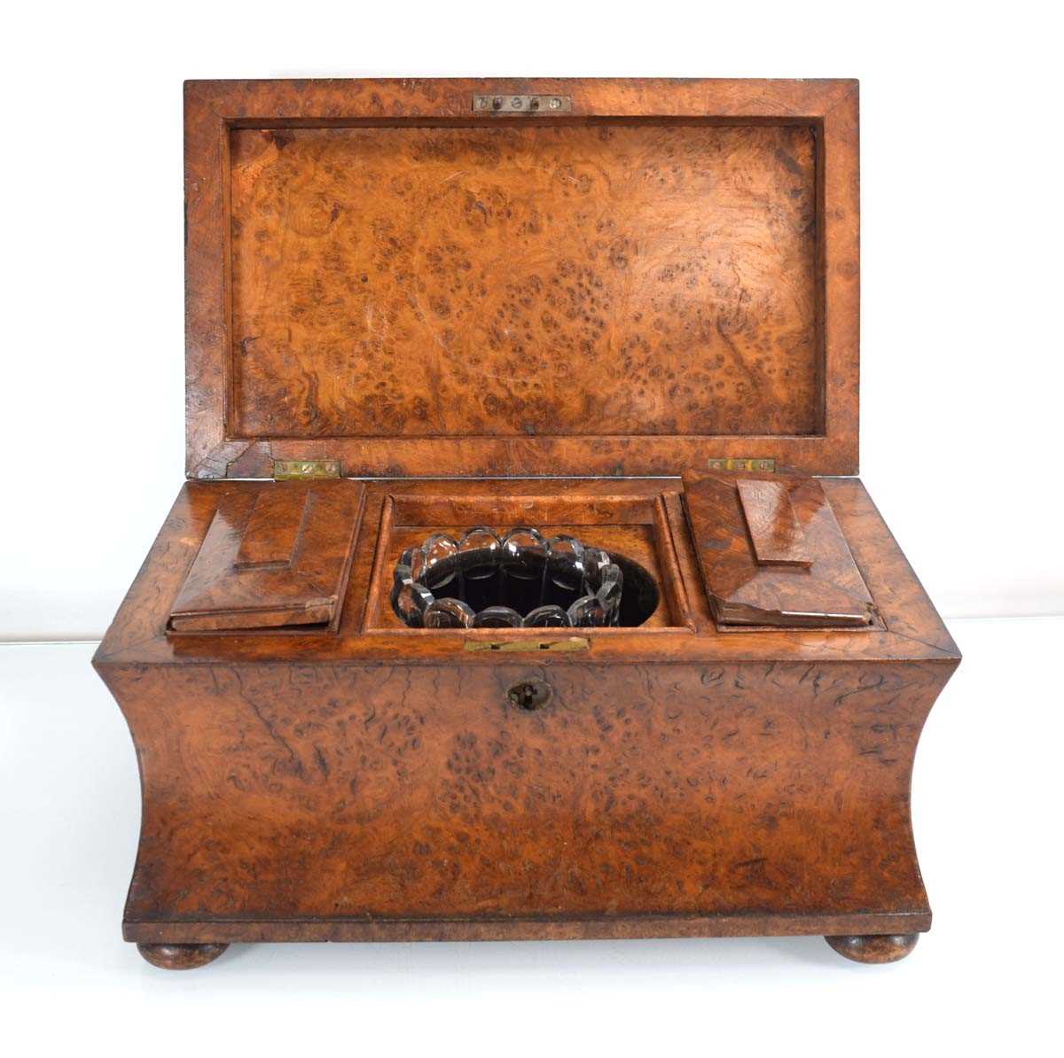 A Victorian burr walnut tea caddy of oversized form, on bun feet, containing two cannisters and a - Image 2 of 4