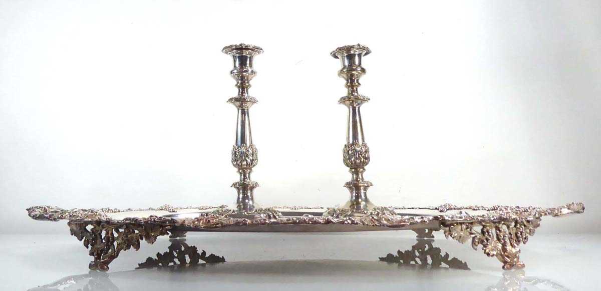 A large silver plated two handled tray of oval form with fruiting vine border, w. 72 cm, together - Image 2 of 2