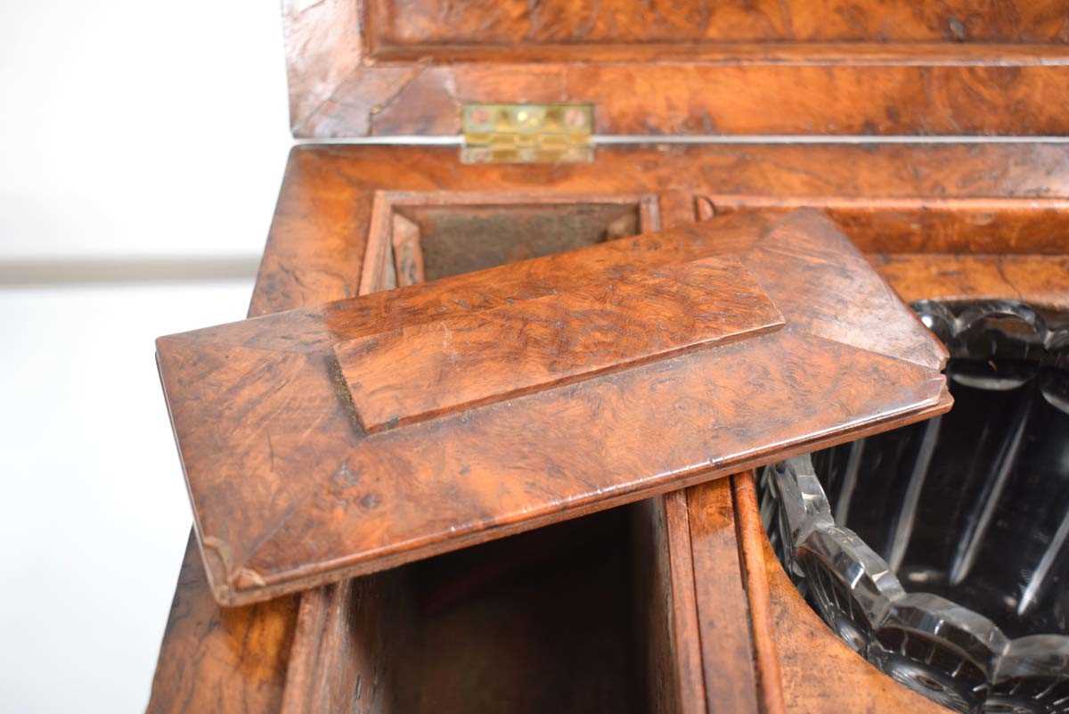 A Victorian burr walnut tea caddy of oversized form, on bun feet, containing two cannisters and a - Image 3 of 4