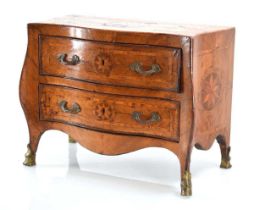 A 19th century miniature apprentice chest, the walnut, crossbanded and marquetry body of