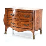 A 19th century miniature apprentice chest, the walnut, crossbanded and marquetry body of