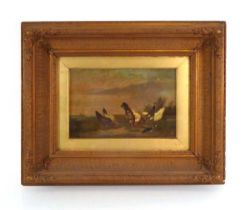 A. Marc (20th century), Chickens feeding, a church in the distance, indistinctly signed, oil on