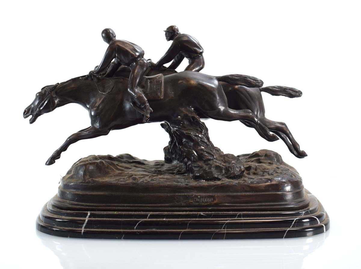 After Paul Loiseau (1861-1927), a bronze group modelled as a pair of horses and jockeys, on a - Image 2 of 3