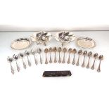 A pair of German silver dishes of flared form, d. 13 cm, a pair of German silver pin dishes,