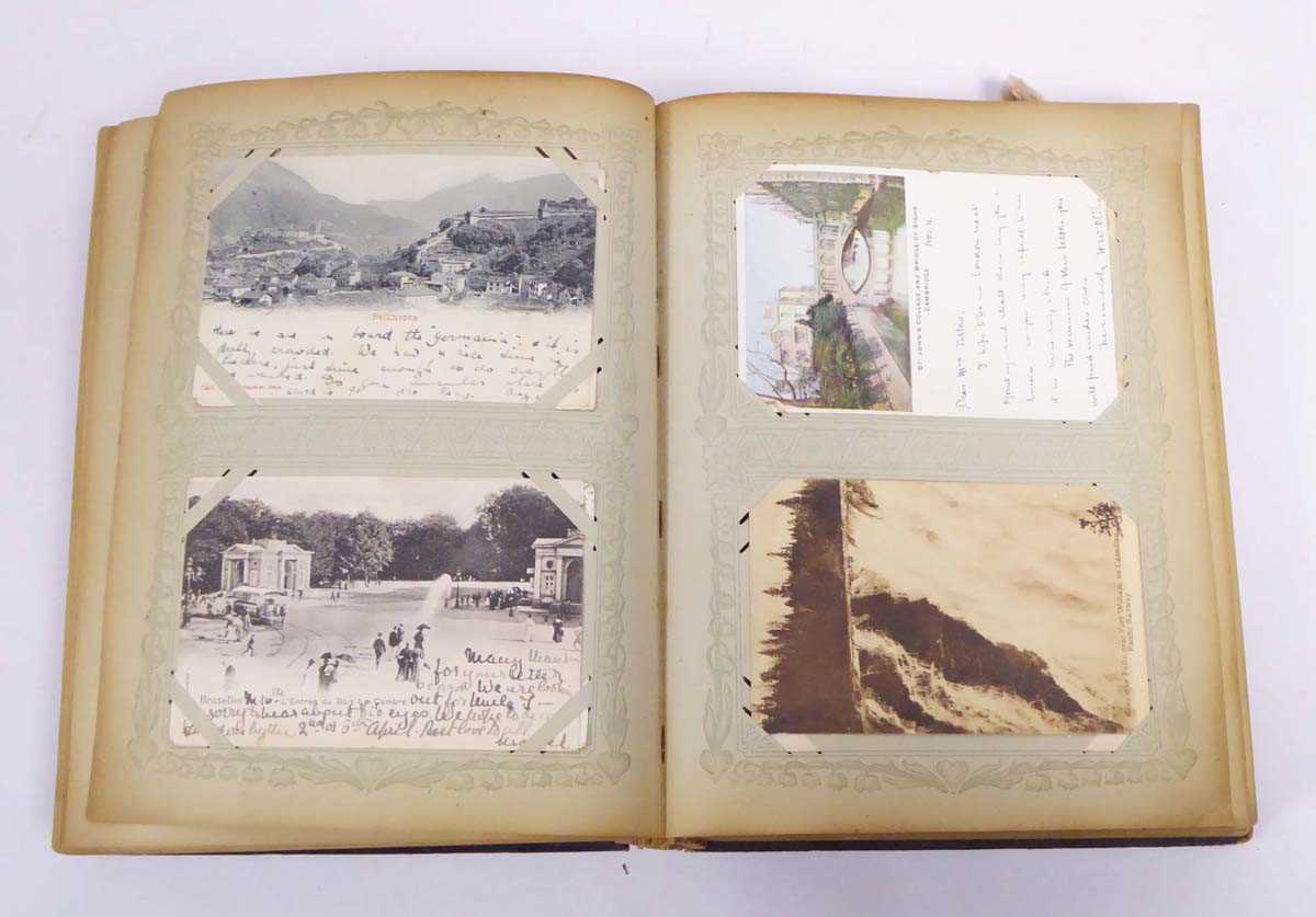 Large leatherbound album containing array of worldwide postcards primarily from 1899-1902, with some - Image 4 of 18